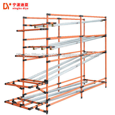 PE Coated FIFO ชั้นวางของ Yellow Lean Pipe Heavy Duty พาเลท Roller Racking